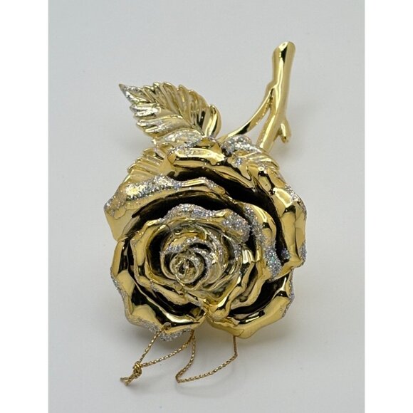 Vintage Gold Tone Rose Christmas Tree Ornament Flower with Glitter Accents - Picture 2 of 7